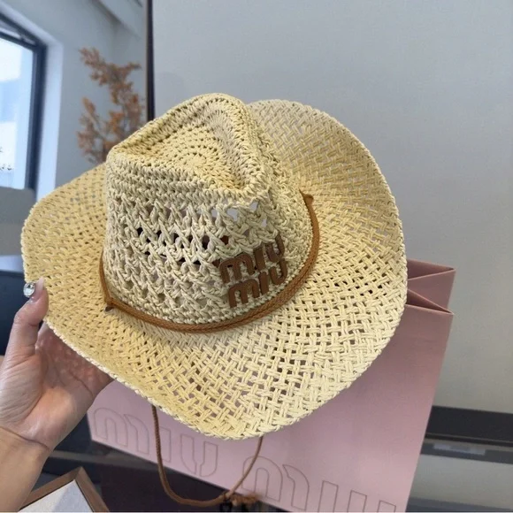 Miu Miu Straw Hat Woven Raffia Summer Beach Sun Hat Designer Chic - Picture 7 of 8